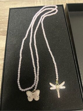 Delicate Pink Beaded enamel long wrap Necklace with Butterfly & Dragonfly Charms